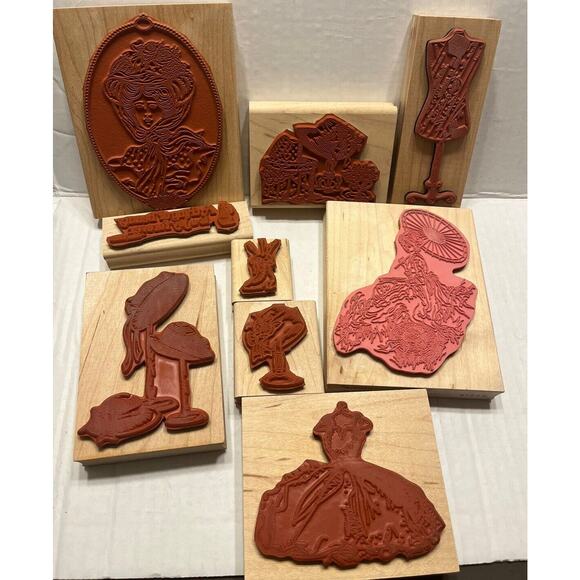 Set of 9 VICTORIAN VINTAGE RUBBER STAMPS WOOD Set FANCY HATS, WOMAN, DRESSES EUC - Picture 2 of 4